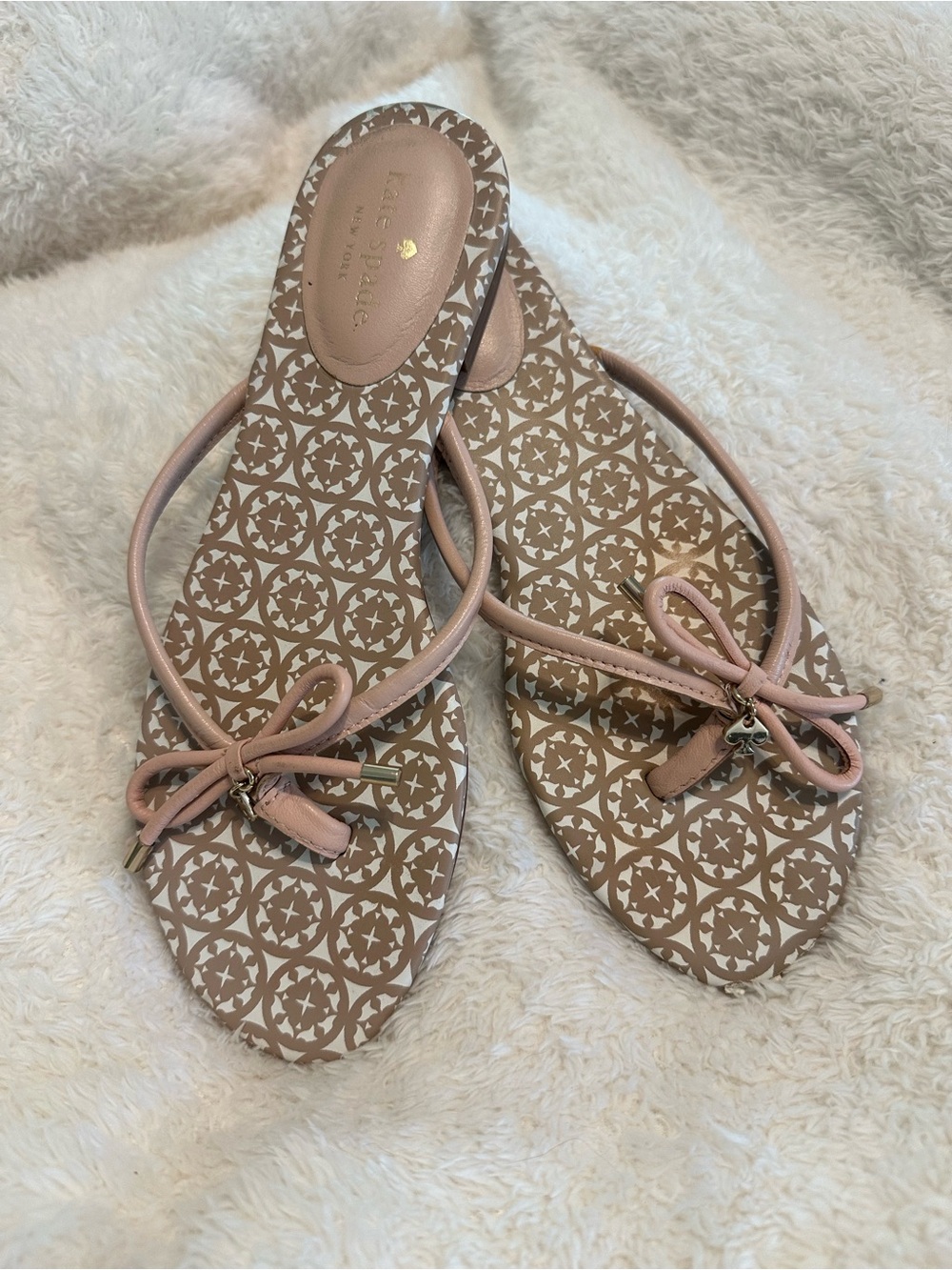 kate spade Bow-Accent Pink and Tan Patterned Flip Flop Sandals